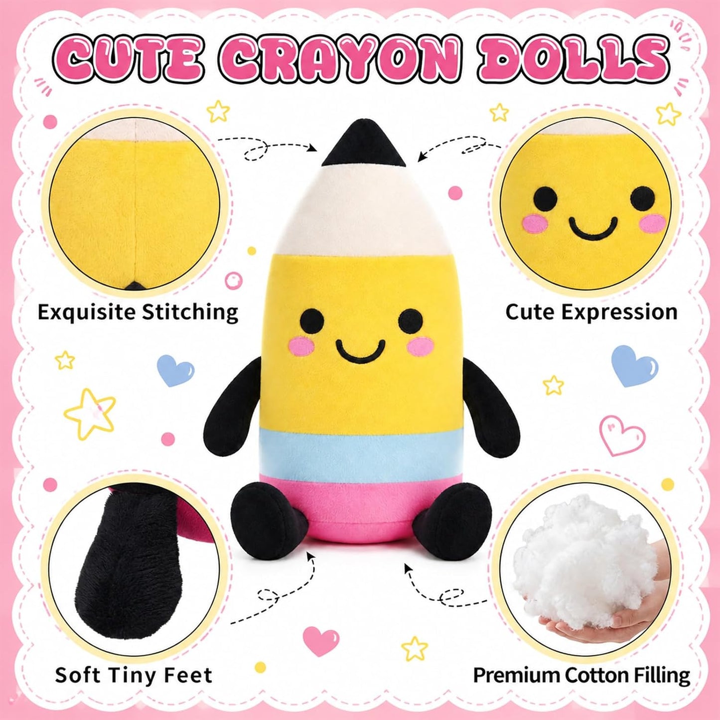 Classroom Stationery Plush Cute Composition Note Pencil Crayon Plush Toys Classroom Decor Book Character Stuffed Animal for Reading Room Decor Teacher Gift(Pencil,Yellow and Black)