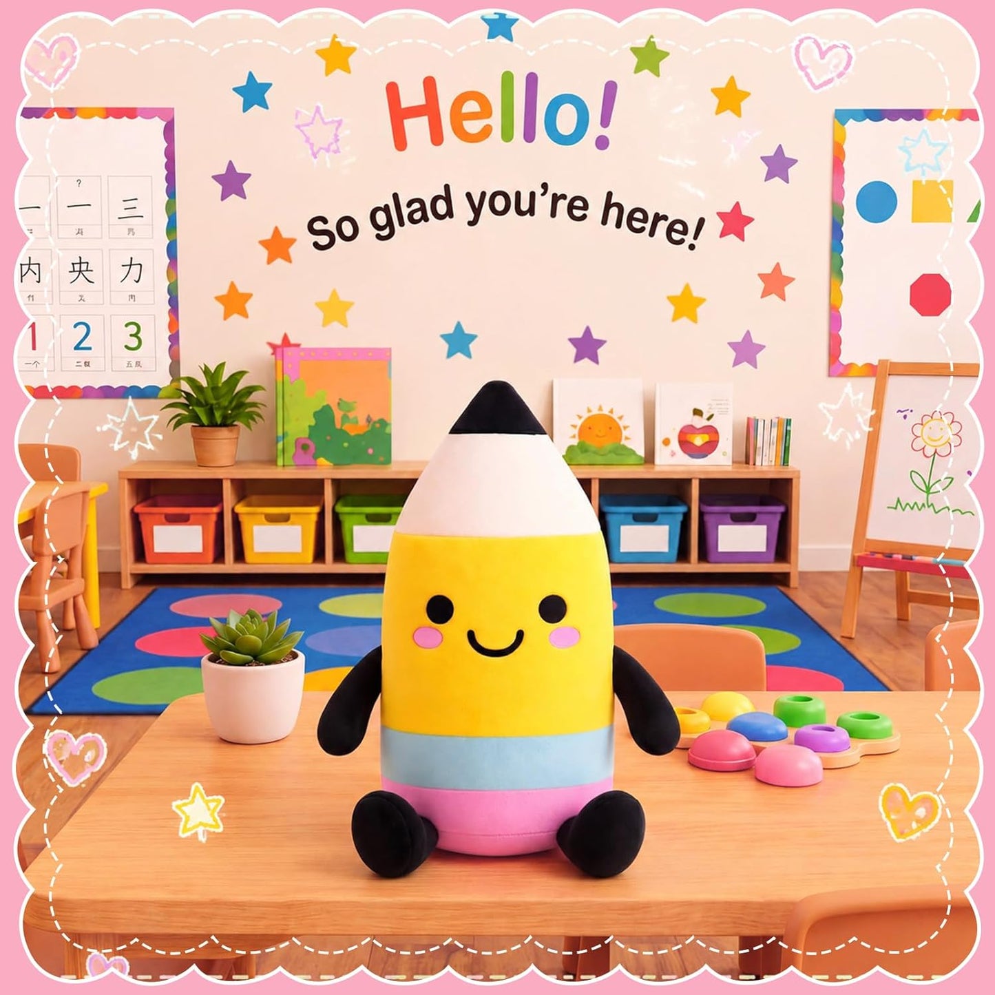 Classroom Stationery Plush Cute Composition Note Pencil Crayon Plush Toys Classroom Decor Book Character Stuffed Animal for Reading Room Decor Teacher Gift(Pencil,Yellow and Black)