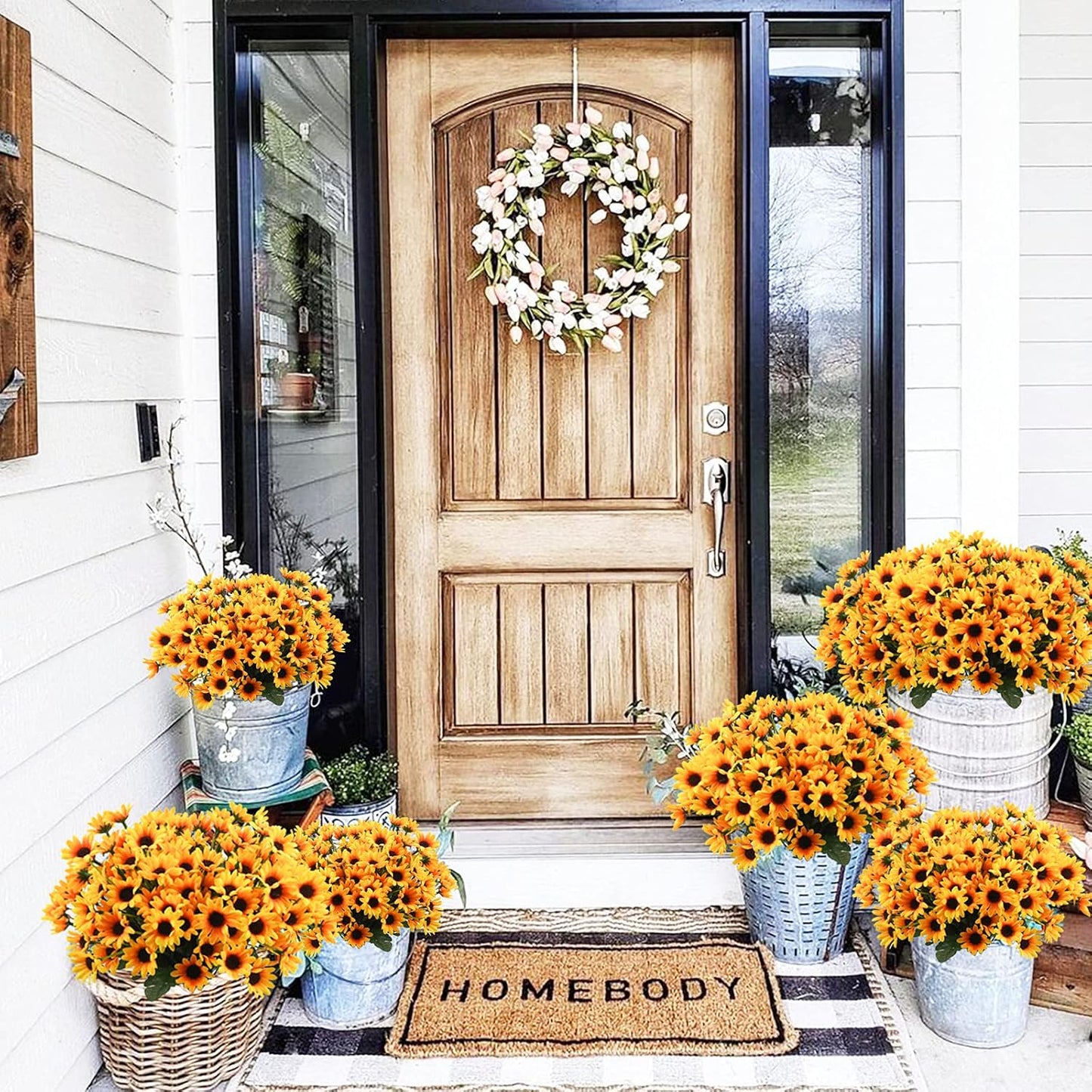 6 Bundles Sunflowers Artificial Flowers Daisy Mums Fake Flowers Outdoor UV Resistant No Fade Fall Flowers 24 Stems Greenery Shrubs Indoor Outside Home Wedding Office DIY Garden Décor (Yellow)