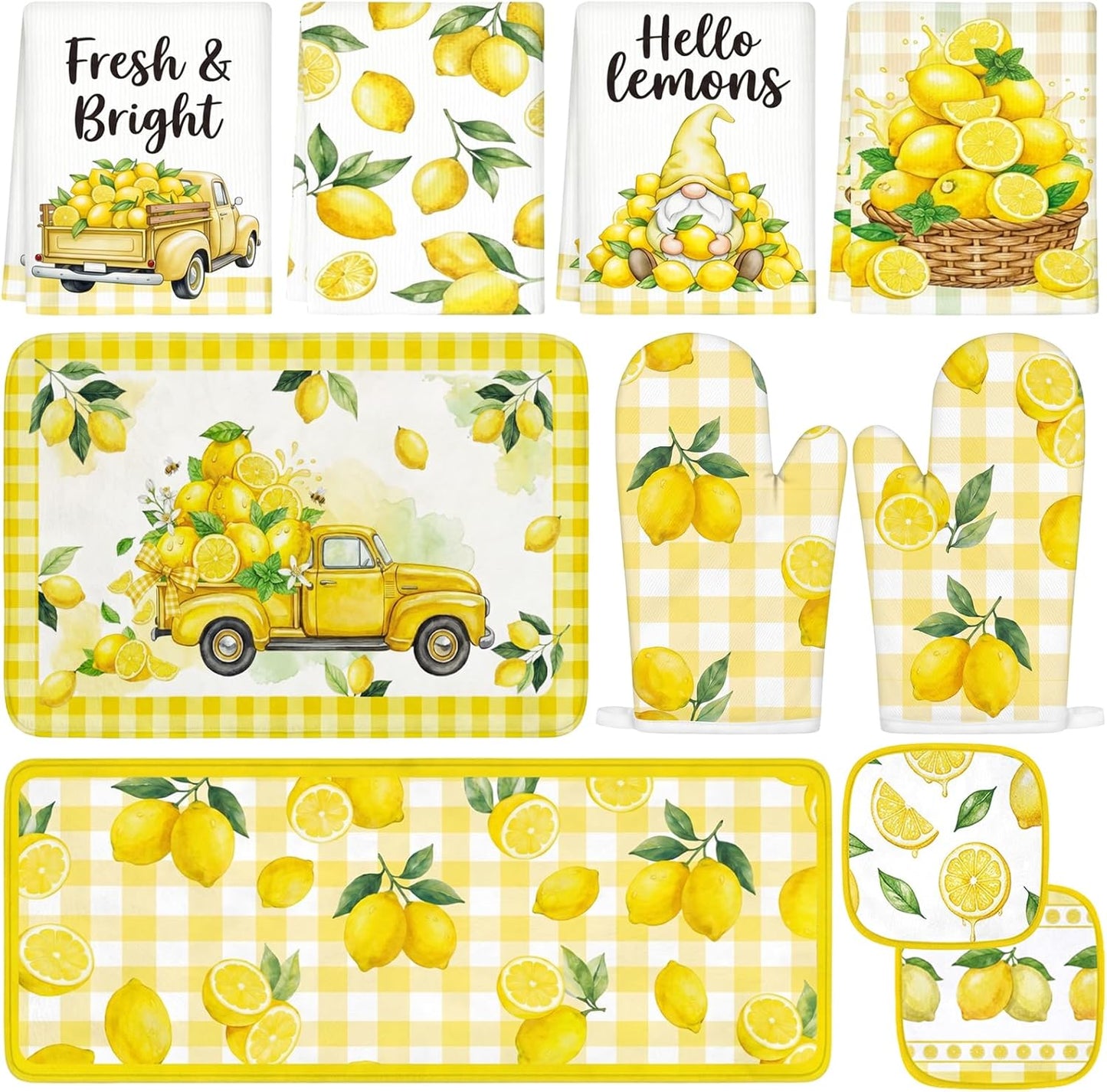 10Pcs Lemon Kitchen Decor Set Lemons Print Towels Pot Hand Holders Oven Mitts Mats for Summer Home Baking Gifts (Yellow)