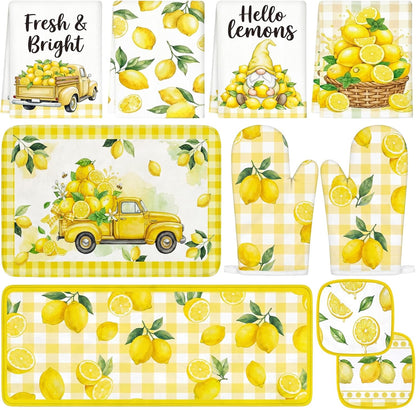 10Pcs Lemon Kitchen Decor Set Lemons Print Towels Pot Hand Holders Oven Mitts Mats for Summer Home Baking Gifts (Yellow)