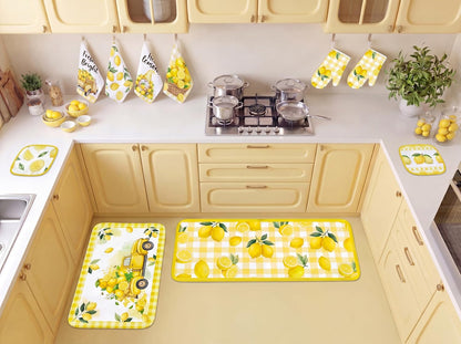10Pcs Lemon Kitchen Decor Set Lemons Print Towels Pot Hand Holders Oven Mitts Mats for Summer Home Baking Gifts (Yellow)