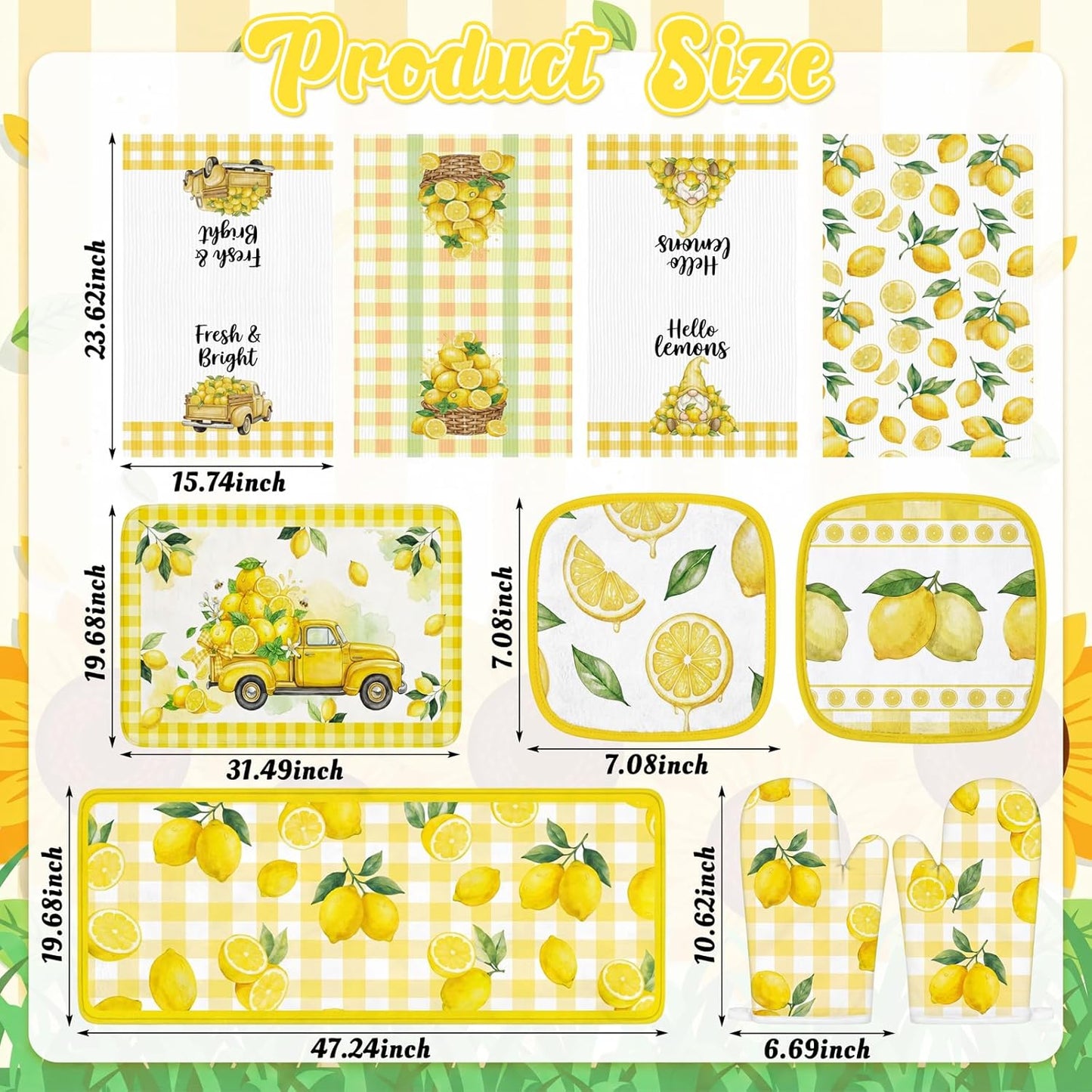 10Pcs Lemon Kitchen Decor Set Lemons Print Towels Pot Hand Holders Oven Mitts Mats for Summer Home Baking Gifts (Yellow)