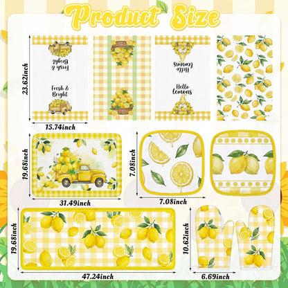 10Pcs Lemon Kitchen Decor Set Lemons Print Towels Pot Hand Holders Oven Mitts Mats for Summer Home Baking Gifts (Yellow)