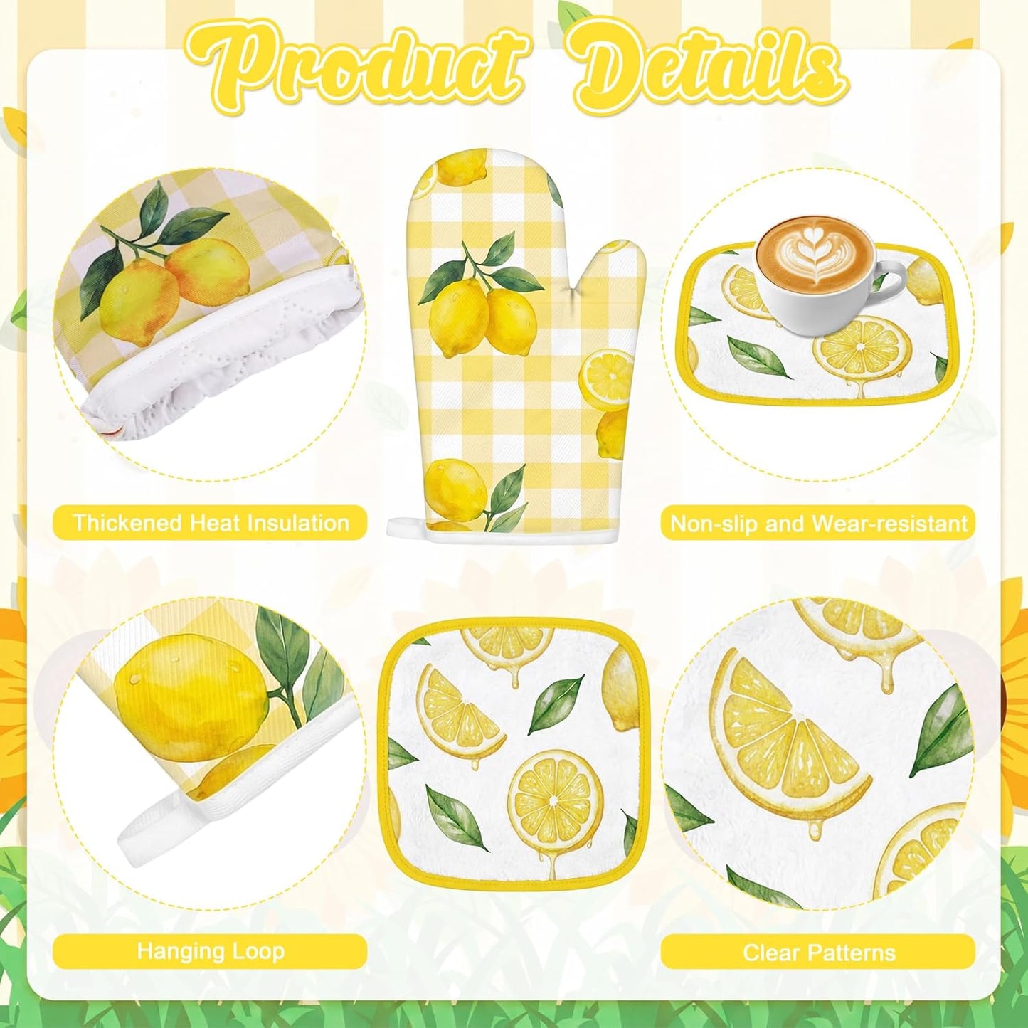 10Pcs Lemon Kitchen Decor Set Lemons Print Towels Pot Hand Holders Oven Mitts Mats for Summer Home Baking Gifts (Yellow)