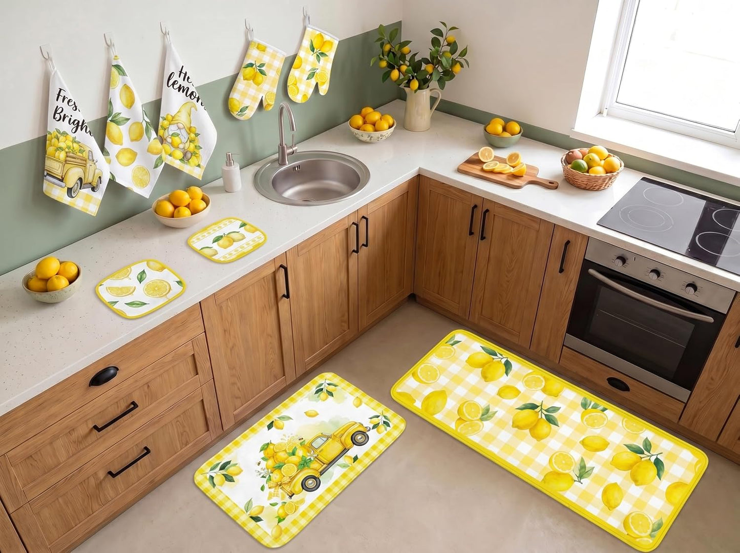 10Pcs Lemon Kitchen Decor Set Lemons Print Towels Pot Hand Holders Oven Mitts Mats for Summer Home Baking Gifts (Yellow)