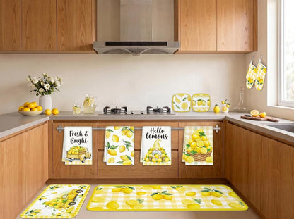 10Pcs Lemon Kitchen Decor Set Lemons Print Towels Pot Hand Holders Oven Mitts Mats for Summer Home Baking Gifts (Yellow)