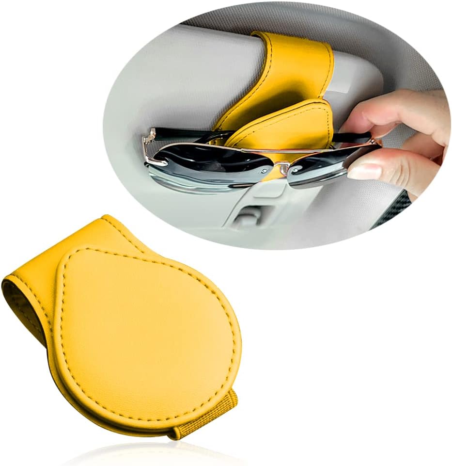 Magnetic Sunglass Holder for Visor, PU Leather Car Organizer, Universal Accessory (Yellow)