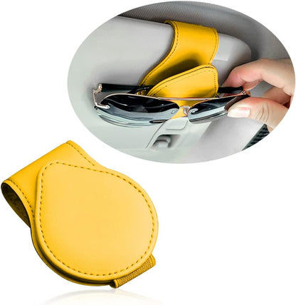 Magnetic Sunglass Holder for Visor, PU Leather Car Organizer, Universal Accessory (Yellow)