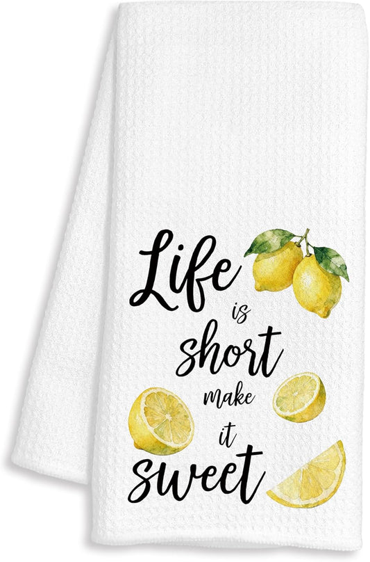 Summer Lemon Kitchen Towels, Inspirational Gifts for Women, Life is Short Make It Sweet Lemon Decorative Dish Hand Tea Towels for Bathroom Kitchen, 16x24 Inch