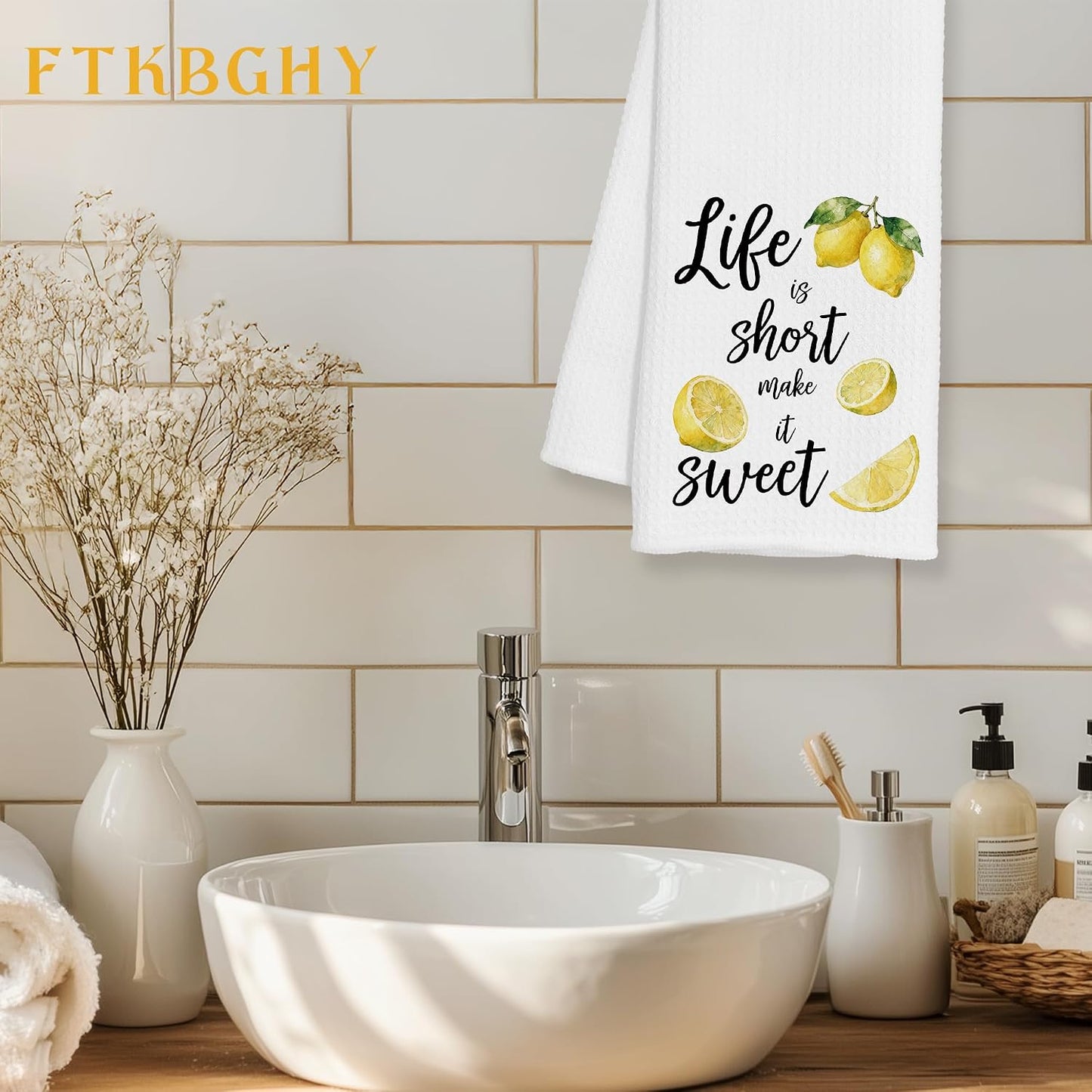 Summer Lemon Kitchen Towels, Inspirational Gifts for Women, Life is Short Make It Sweet Lemon Decorative Dish Hand Tea Towels for Bathroom Kitchen, 16x24 Inch