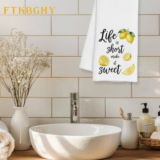 Summer Lemon Kitchen Towels, Inspirational Gifts for Women, Life is Short Make It Sweet Lemon Decorative Dish Hand Tea Towels for Bathroom Kitchen, 16x24 Inch
