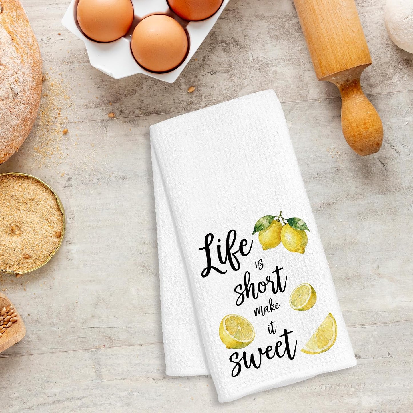 Summer Lemon Kitchen Towels, Inspirational Gifts for Women, Life is Short Make It Sweet Lemon Decorative Dish Hand Tea Towels for Bathroom Kitchen, 16x24 Inch