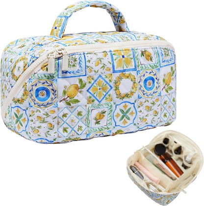 Large Lay Flat Quilted Travel Cosmetic Bags Organizer for Women Make Up Skin Care Brush Storage, 25th 30th 40th Birthday Gifts for Mom Sister Summer Beach Vacation Essentials Lemon Decor