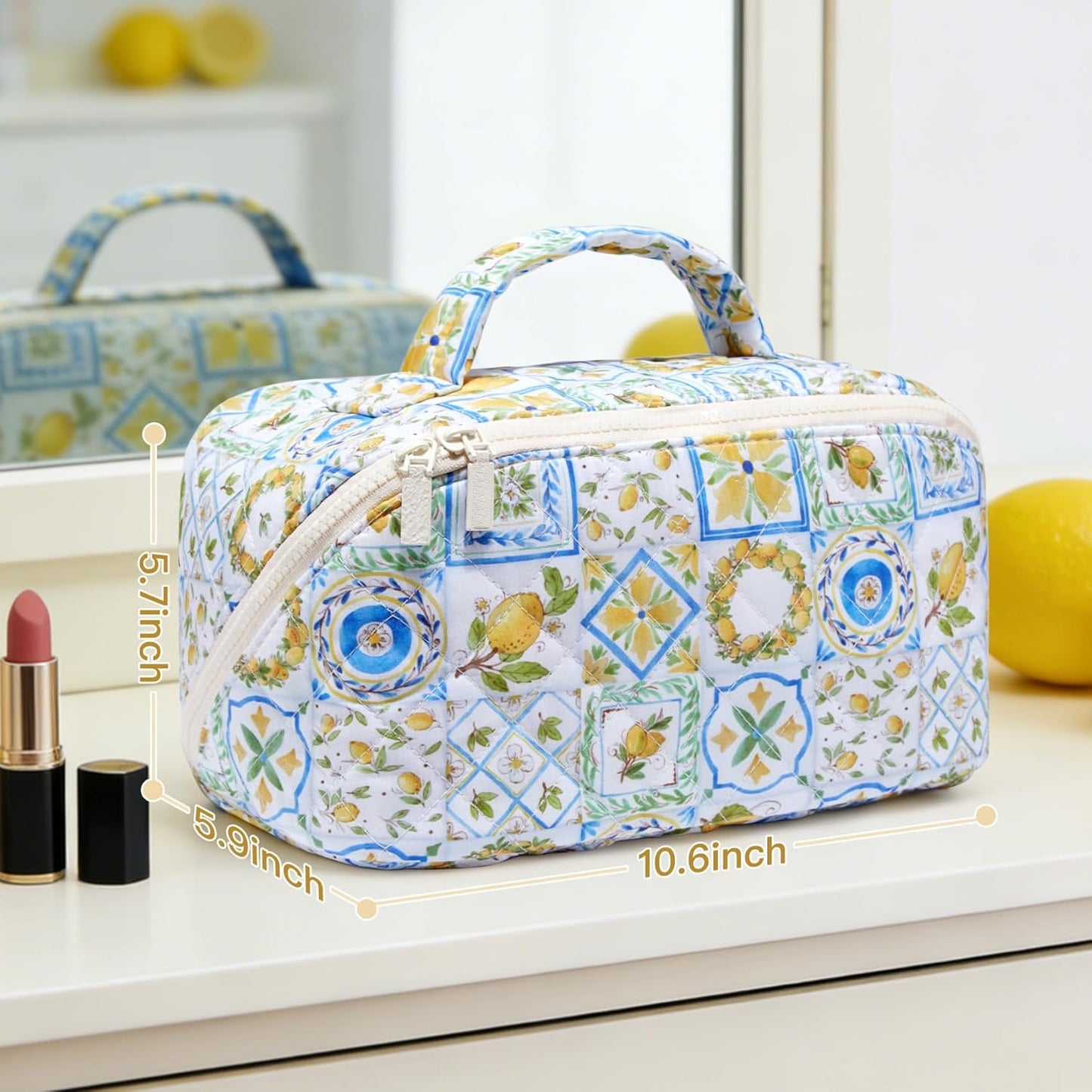 Large Lay Flat Quilted Travel Cosmetic Bags Organizer for Women Make Up Skin Care Brush Storage, 25th 30th 40th Birthday Gifts for Mom Sister Summer Beach Vacation Essentials Lemon Decor