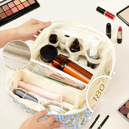 Large Lay Flat Quilted Travel Cosmetic Bags Organizer for Women Make Up Skin Care Brush Storage, 25th 30th 40th Birthday Gifts for Mom Sister Summer Beach Vacation Essentials Lemon Decor