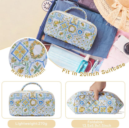 Large Lay Flat Quilted Travel Cosmetic Bags Organizer for Women Make Up Skin Care Brush Storage, 25th 30th 40th Birthday Gifts for Mom Sister Summer Beach Vacation Essentials Lemon Decor