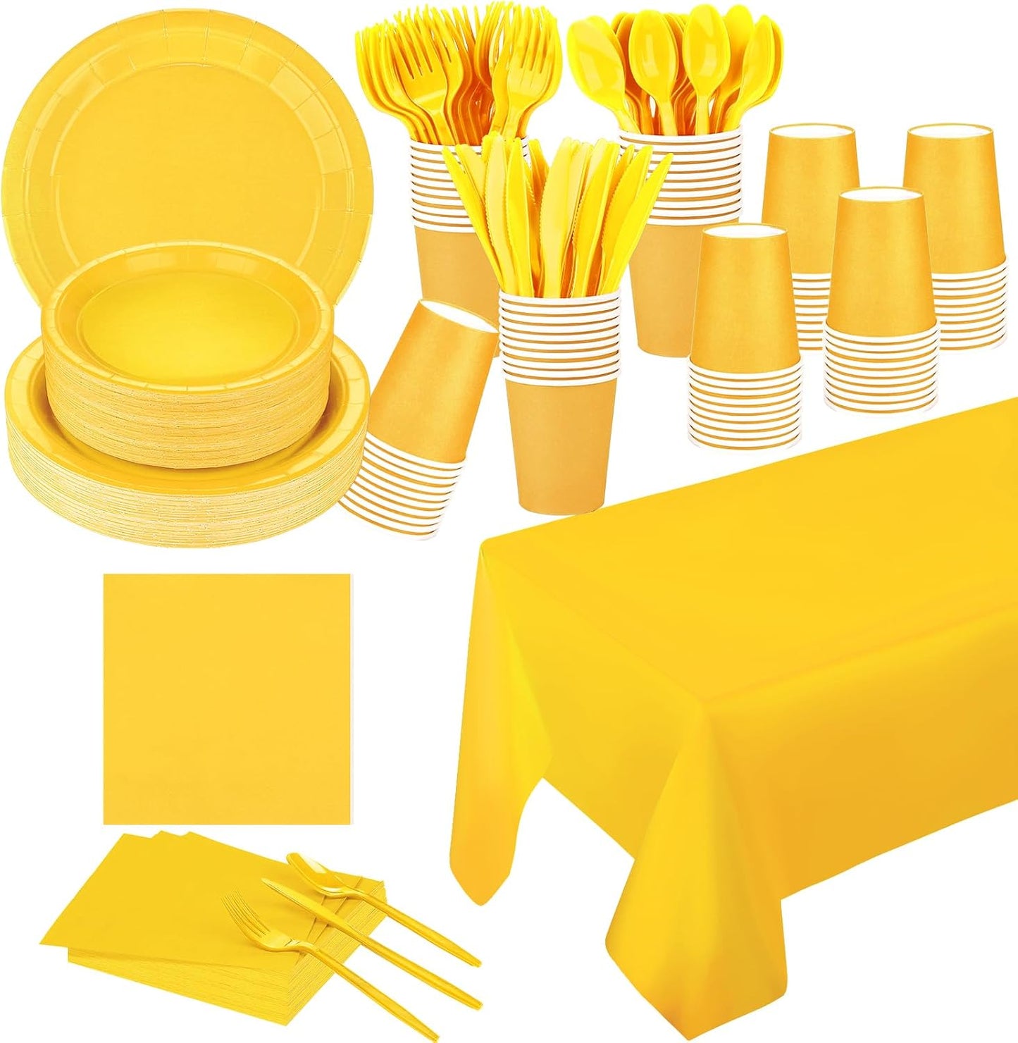 229PCS Yellow Party Supplies Set Disposable Paper Plates Cups | Plastic Spoons Forks Knives Light Blue Napkins for 30 Guests Disposable Party Dinnerware Sets for Wedding Birthday Parties
