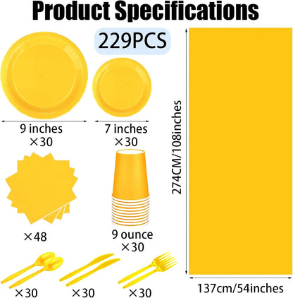 229PCS Yellow Party Supplies Set Disposable Paper Plates Cups | Plastic Spoons Forks Knives Light Blue Napkins for 30 Guests Disposable Party Dinnerware Sets for Wedding Birthday Parties