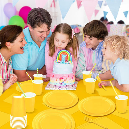 229PCS Yellow Party Supplies Set Disposable Paper Plates Cups | Plastic Spoons Forks Knives Light Blue Napkins for 30 Guests Disposable Party Dinnerware Sets for Wedding Birthday Parties
