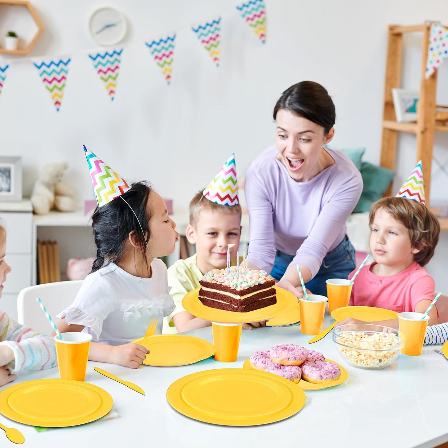 229PCS Yellow Party Supplies Set Disposable Paper Plates Cups | Plastic Spoons Forks Knives Light Blue Napkins for 30 Guests Disposable Party Dinnerware Sets for Wedding Birthday Parties