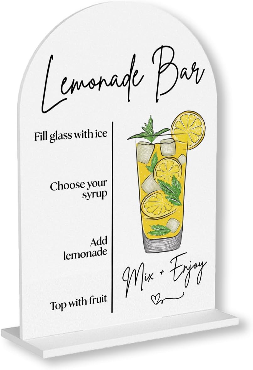 Lemonade Bar Sign Wedding Lemon Drinks Sign Acrylic Material 5 * 7 Inch | 4-Step diy beverage instructions. party decor for bridal shower and baby shower summer wedding decorations graduate retire