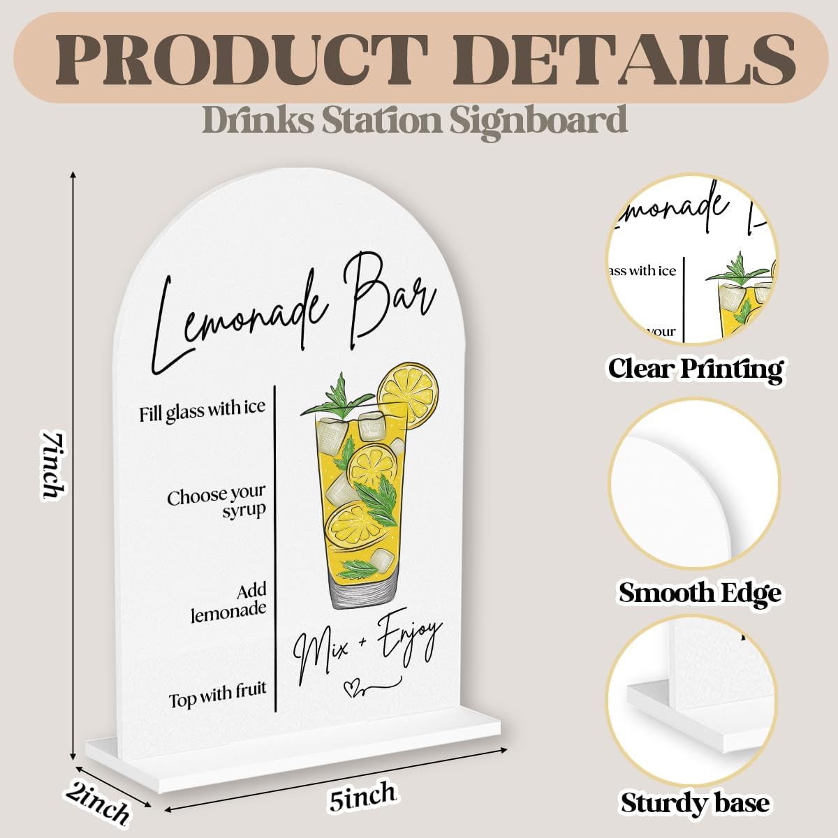 Lemonade Bar Sign Wedding Lemon Drinks Sign Acrylic Material 5 * 7 Inch | 4-Step diy beverage instructions. party decor for bridal shower and baby shower summer wedding decorations graduate retire