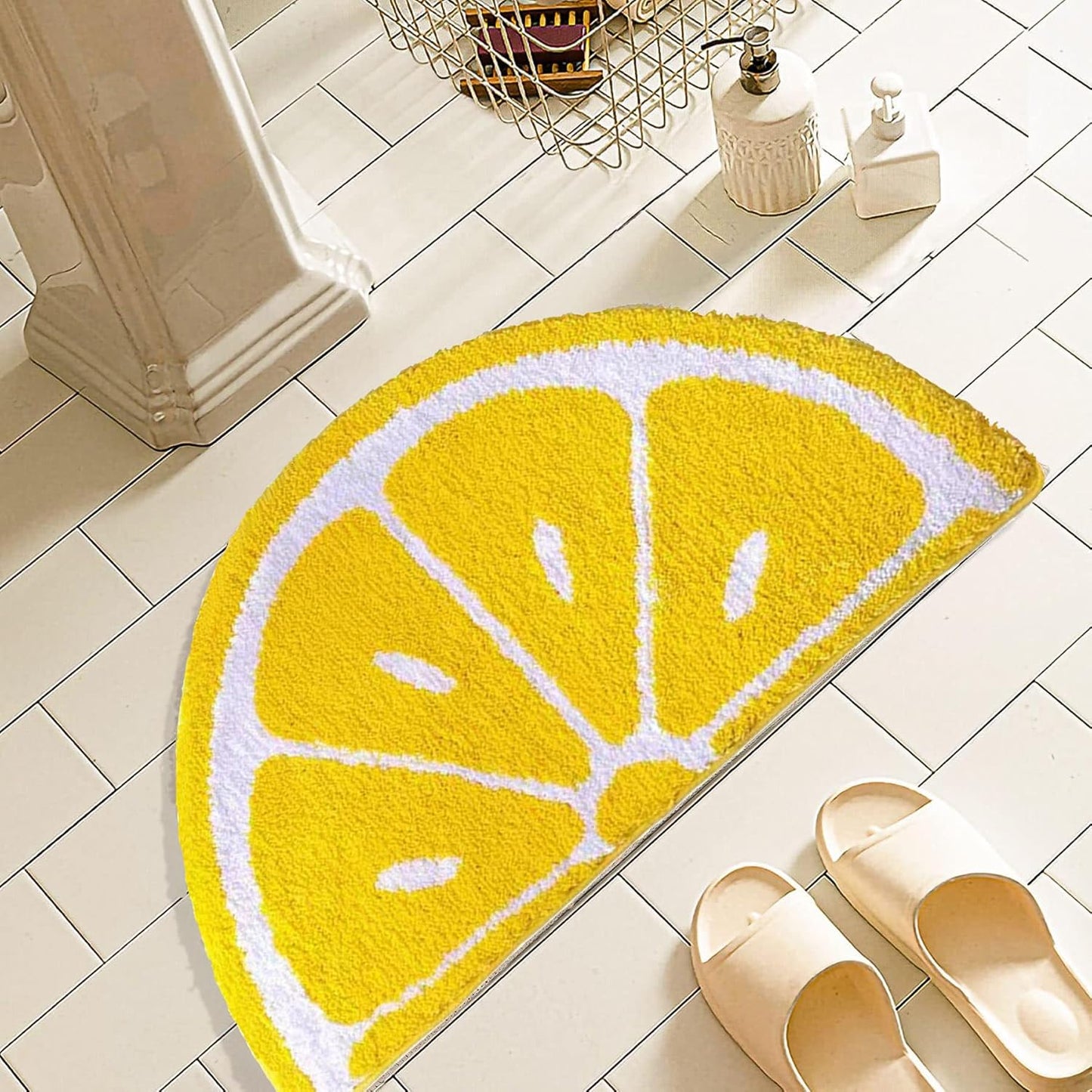 Lemon Bathroom Rug Yellow Semi-Circle Non-Slip Water-Absorbent Lemon Bath Mat Bedroom Bathtub Shower Room Mat,Kitchen Kid Room Decor