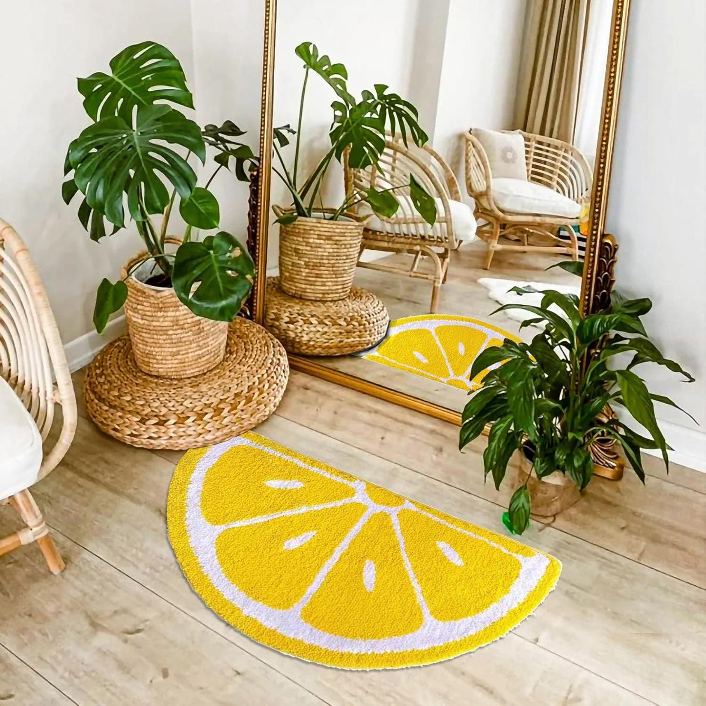 Lemon Bathroom Rug Yellow Semi-Circle Non-Slip Water-Absorbent Lemon Bath Mat Bedroom Bathtub Shower Room Mat,Kitchen Kid Room Decor