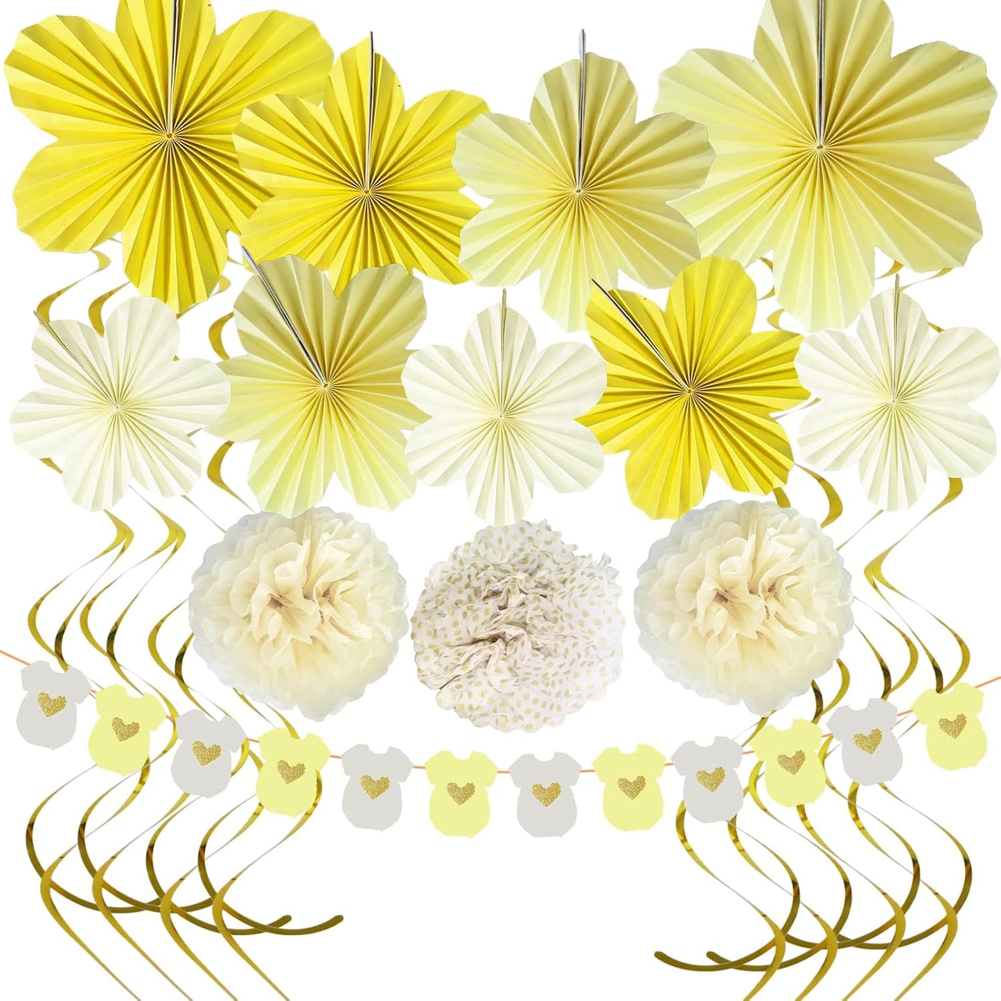 Yellow Baby Shower Decorations Baby Shower Bodysuit Banner Neutral Girl Boy | Yellow Paper Flower Fans Tissue Pom Poms Ceiling Hanging Swirls Lemon Theme Baby Shower Kid Birthday Decorations DIY (21Pcs)