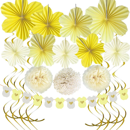 Yellow Baby Shower Decorations Baby Shower Bodysuit Banner Neutral Girl Boy | Yellow Paper Flower Fans Tissue Pom Poms Ceiling Hanging Swirls Lemon Theme Baby Shower Kid Birthday Decorations DIY (21Pcs)