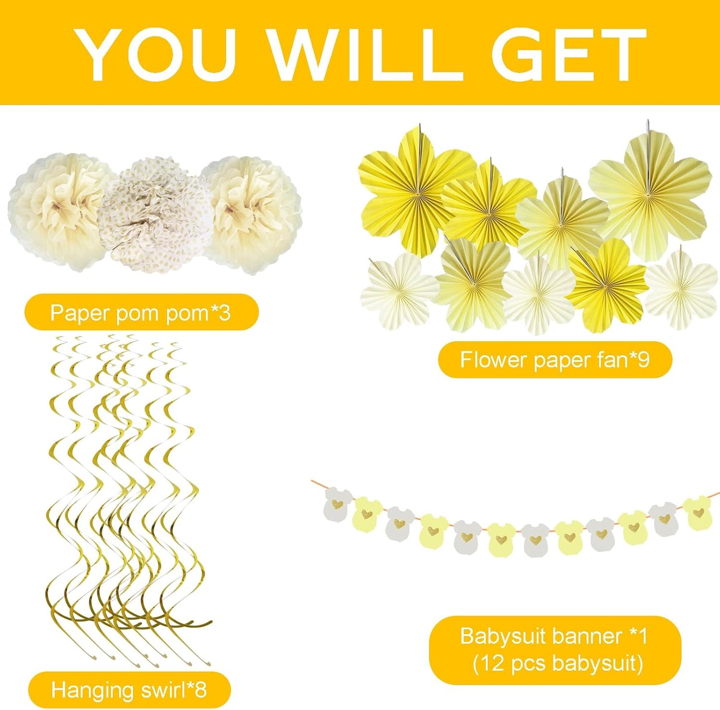 Yellow Baby Shower Decorations Baby Shower Bodysuit Banner Neutral Girl Boy | Yellow Paper Flower Fans Tissue Pom Poms Ceiling Hanging Swirls Lemon Theme Baby Shower Kid Birthday Decorations DIY (21Pcs)