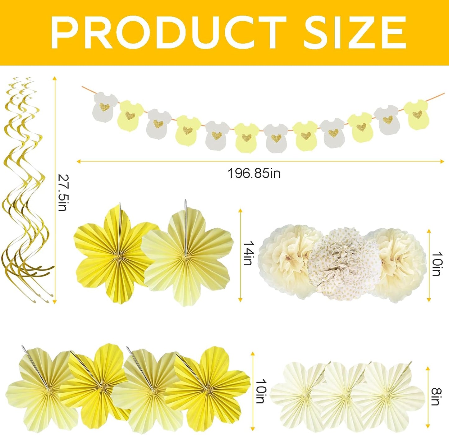 Yellow Baby Shower Decorations Baby Shower Bodysuit Banner Neutral Girl Boy | Yellow Paper Flower Fans Tissue Pom Poms Ceiling Hanging Swirls Lemon Theme Baby Shower Kid Birthday Decorations DIY (21Pcs)