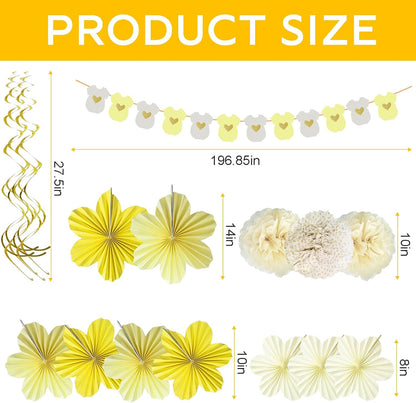 Yellow Baby Shower Decorations Baby Shower Bodysuit Banner Neutral Girl Boy | Yellow Paper Flower Fans Tissue Pom Poms Ceiling Hanging Swirls Lemon Theme Baby Shower Kid Birthday Decorations DIY (21Pcs)