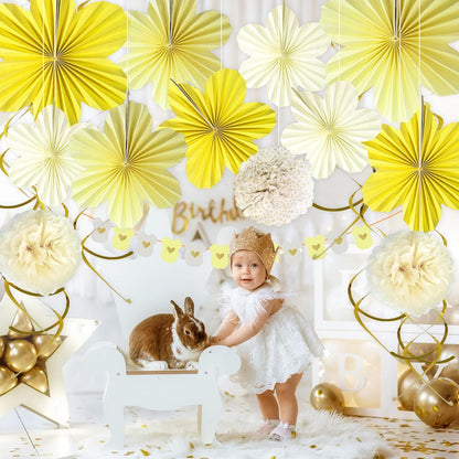 Yellow Baby Shower Decorations Baby Shower Bodysuit Banner Neutral Girl Boy | Yellow Paper Flower Fans Tissue Pom Poms Ceiling Hanging Swirls Lemon Theme Baby Shower Kid Birthday Decorations DIY (21Pcs)