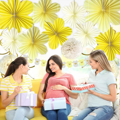 Yellow Baby Shower Decorations Baby Shower Bodysuit Banner Neutral Girl Boy | Yellow Paper Flower Fans Tissue Pom Poms Ceiling Hanging Swirls Lemon Theme Baby Shower Kid Birthday Decorations DIY (21Pcs)