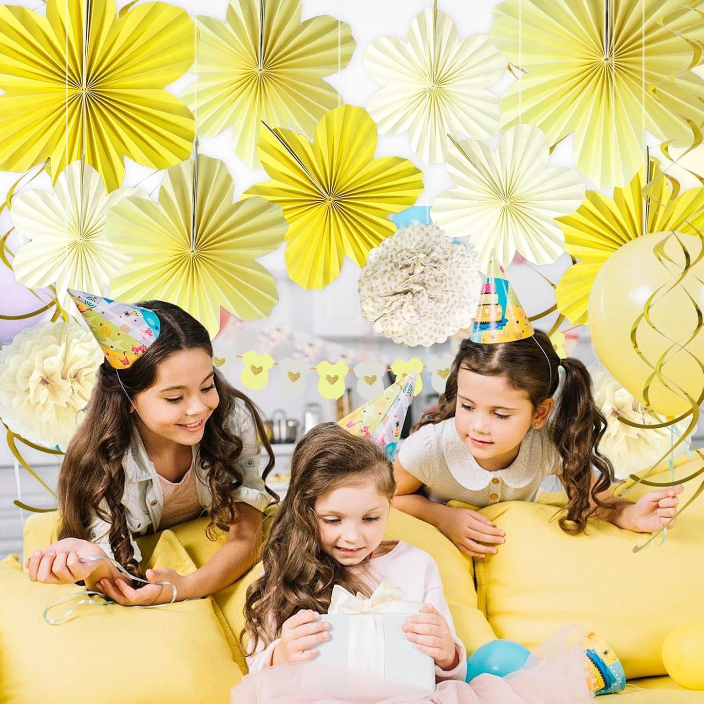 Yellow Baby Shower Decorations Baby Shower Bodysuit Banner Neutral Girl Boy | Yellow Paper Flower Fans Tissue Pom Poms Ceiling Hanging Swirls Lemon Theme Baby Shower Kid Birthday Decorations DIY (21Pcs)