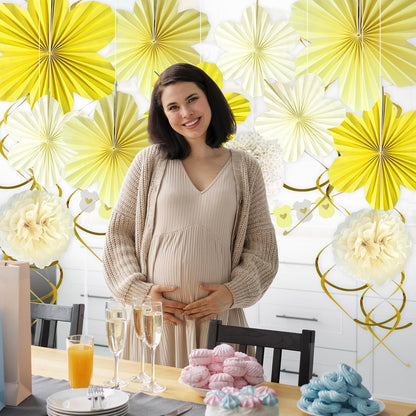 Yellow Baby Shower Decorations Baby Shower Bodysuit Banner Neutral Girl Boy | Yellow Paper Flower Fans Tissue Pom Poms Ceiling Hanging Swirls Lemon Theme Baby Shower Kid Birthday Decorations DIY (21Pcs)