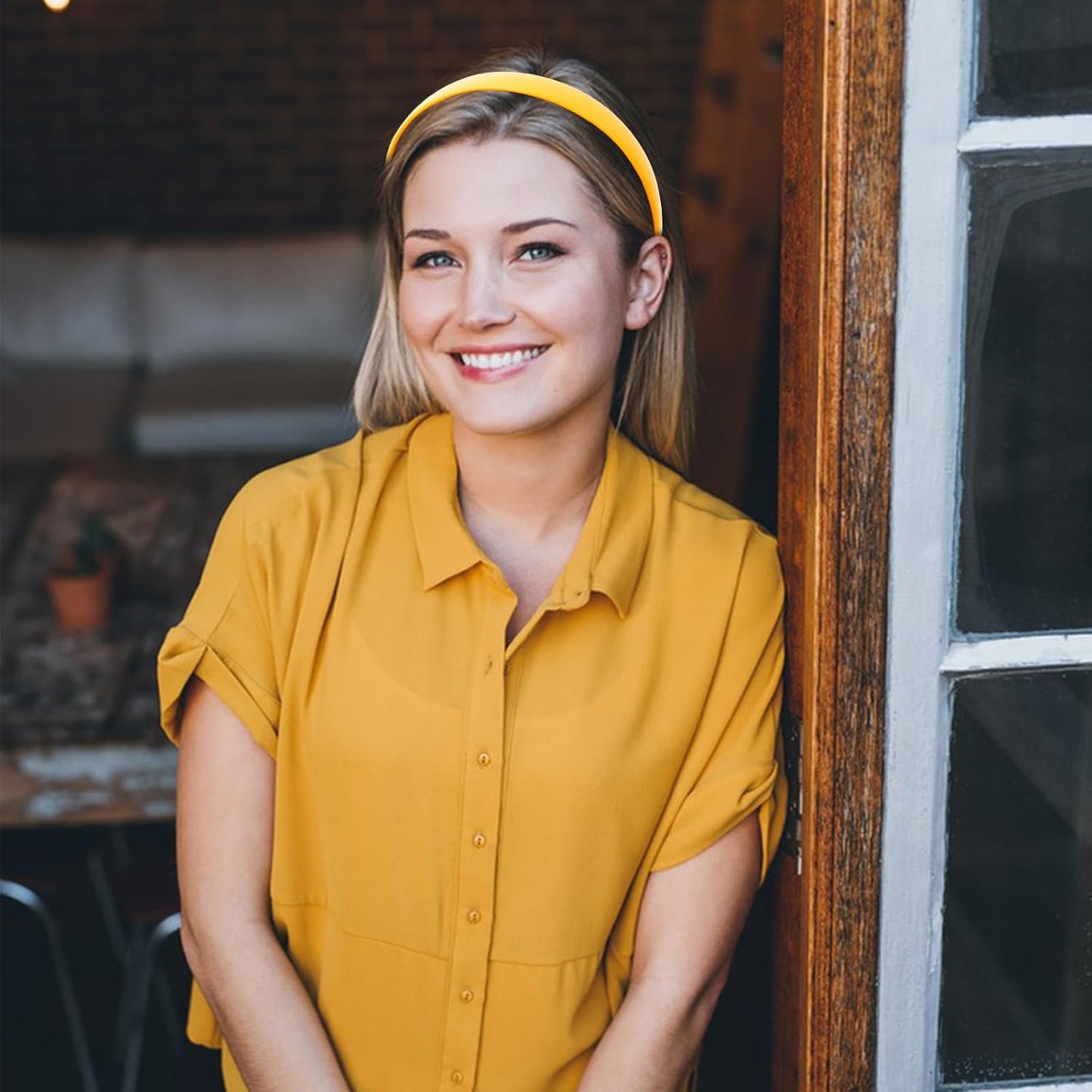 Yellow Headbands for Women 1 Inch Faux Leather Thin Hairband | Plastic Hard Head Band Non-slip Simple Hair Bands Holiday Halloween Cosplay DIY Yellow Hair Accessories for Women and Girls