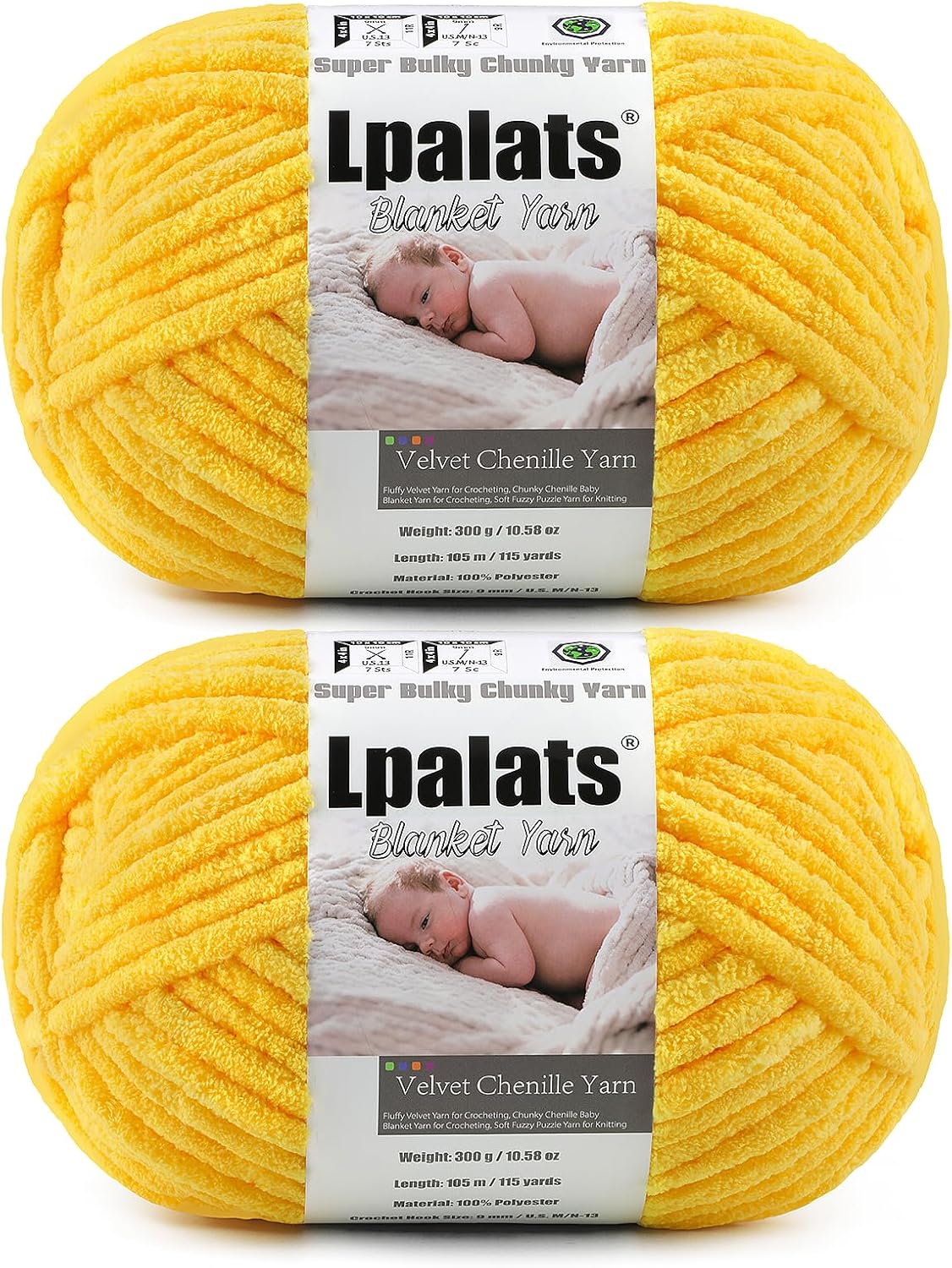 Baby Blanket Chenille Yarn for Crocheting, Yellow Super Bulky Chunky Yarn | 2 Pack 229.6 Yds, 21.16 Oz Plush Fluffy Velvet Yarn for Crochet, Soft Thick Yarn for Hand Knitting Cozy Blankets, Amigurumi