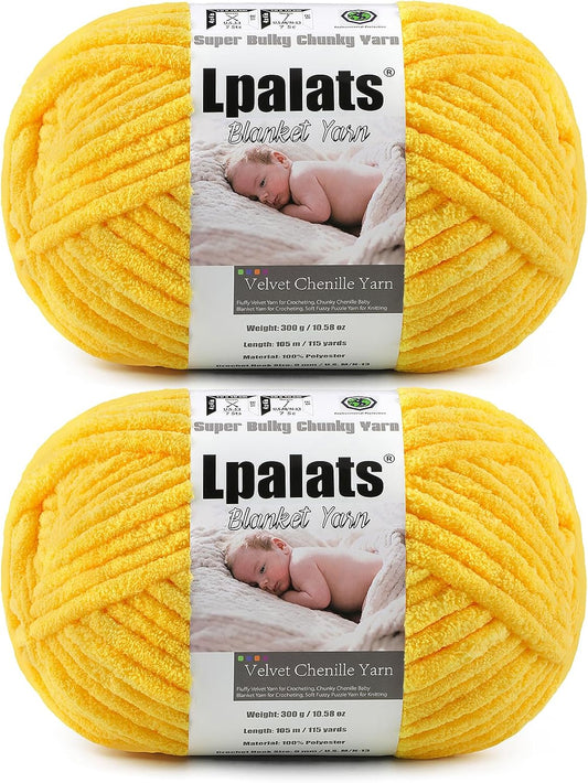 Baby Blanket Chenille Yarn for Crocheting, Yellow Super Bulky Chunky Yarn | 2 Pack 229.6 Yds, 21.16 Oz Plush Fluffy Velvet Yarn for Crochet, Soft Thick Yarn for Hand Knitting Cozy Blankets, Amigurumi