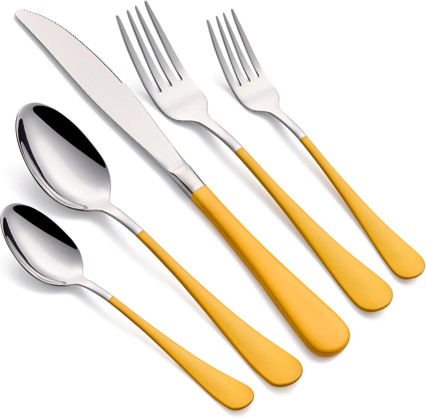 20-Piece Yellow Silverware Set 18/0 Stainless Steel Silverware Set Yellow Handle Cutlery Set Service for 4 Dinner Knives Forks Spoons Set Flatware Set Finish Dishwasher Safe