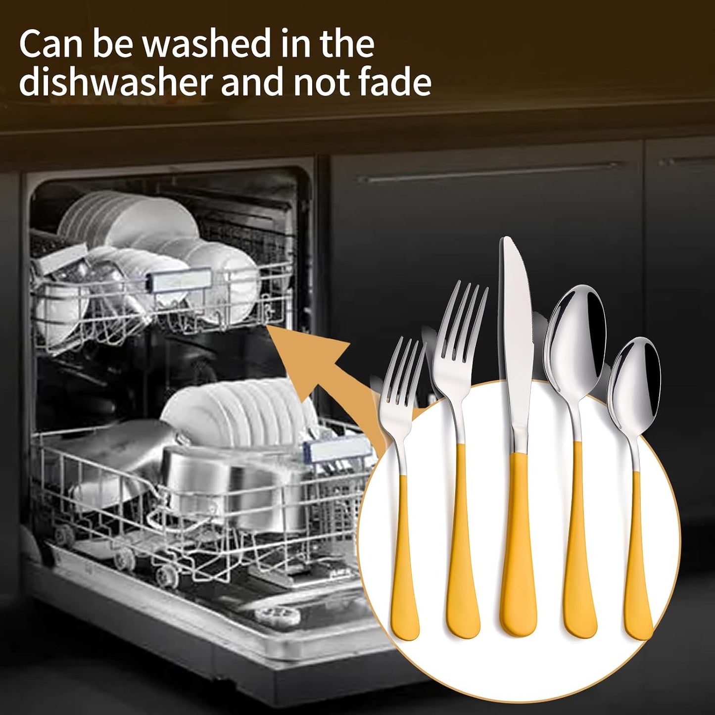 20-Piece Yellow Silverware Set 18/0 Stainless Steel Silverware Set Yellow Handle Cutlery Set Service for 4 Dinner Knives Forks Spoons Set Flatware Set Finish Dishwasher Safe