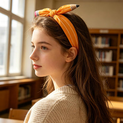 Back to School Headband Pencil Hairband for Women Teacher Student | Yellow Pencil Bow Headbands Hair Accessories First Day of School Gift for Girls