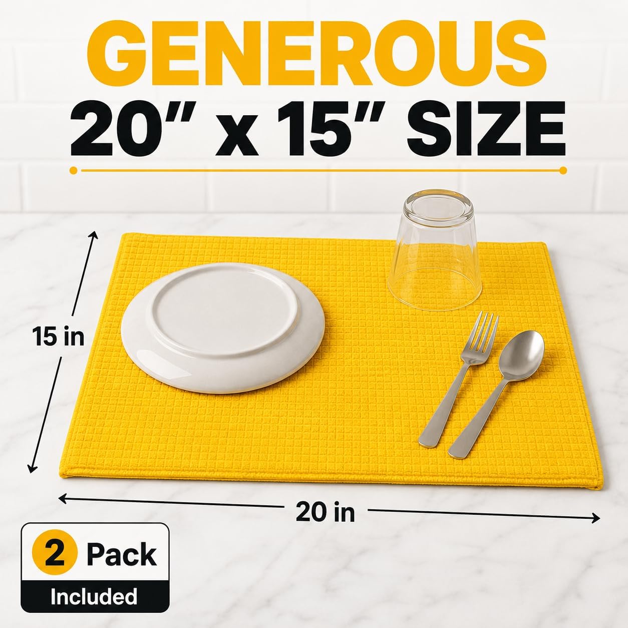 Dish Drying Mat 2 Pack 20 X 15 Inch Kitchen Counter Mats Reversible Baby Bottles Dish Dry Pad Super Absorbent (Yellow)