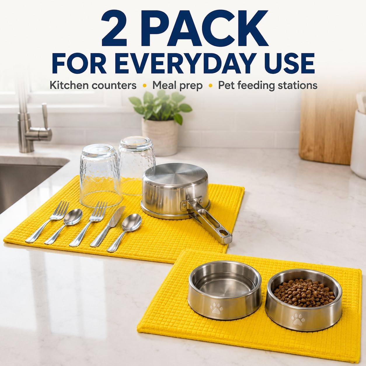 Dish Drying Mat 2 Pack 20 X 15 Inch Kitchen Counter Mats Reversible Baby Bottles Dish Dry Pad Super Absorbent (Yellow)