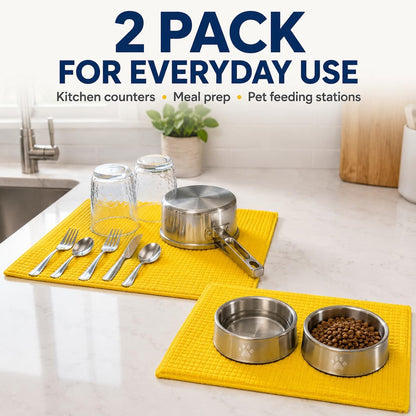 Dish Drying Mat 2 Pack 20 X 15 Inch Kitchen Counter Mats Reversible Baby Bottles Dish Dry Pad Super Absorbent (Yellow)