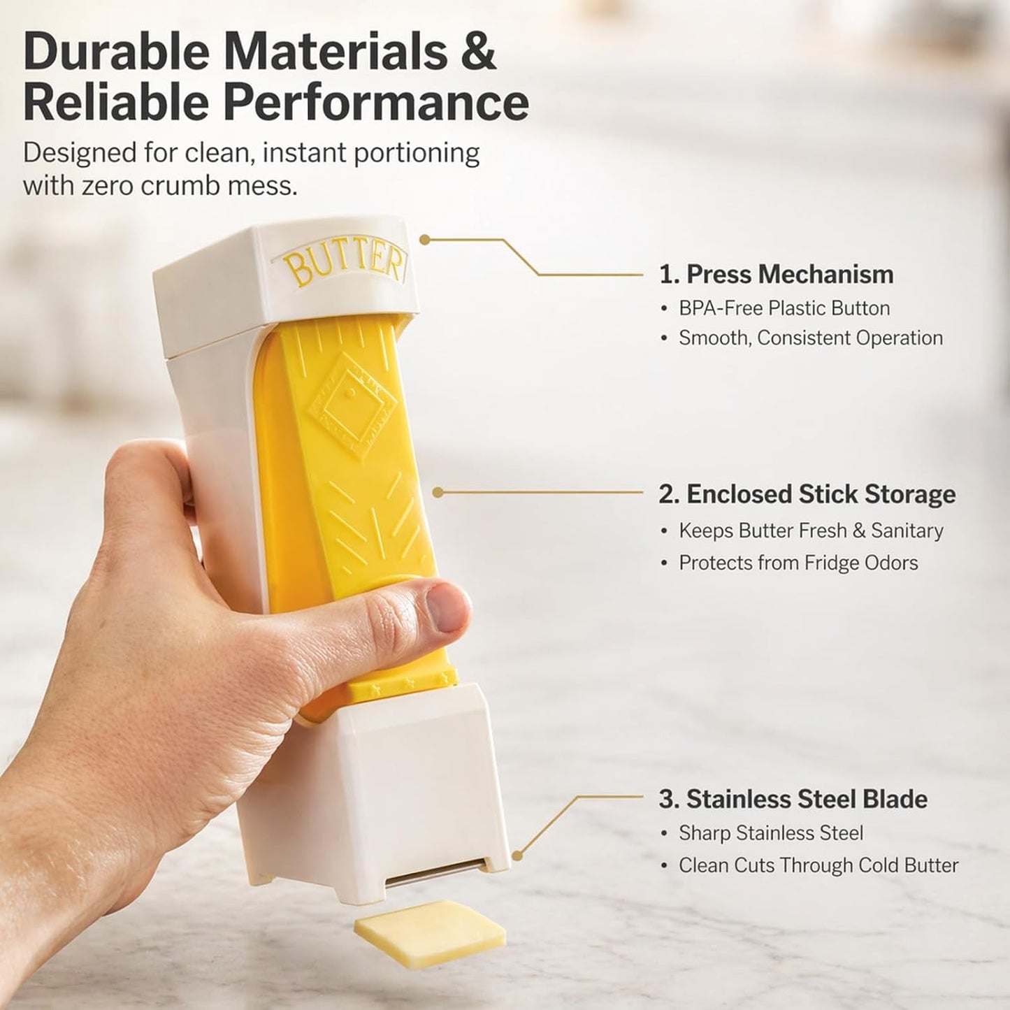 One Press Butter Cutter Slicer for 4 oz East Coast Sticks, Yellow | Stainless steel blade; fits sticks up to 4.8 x 1.3 x 1.3 in; hand wash only; not for 1.5 in West Coast sticks