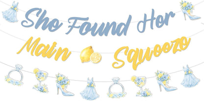 She Found Her Main Squeeze Banner Blue Floral Lemon Bridal Shower Decorations Citrus Diamond Ring Garland for Women Lemonade Bridal Shower Bachelorette Wedding Engagement Party Supplies