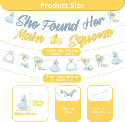 She Found Her Main Squeeze Banner Blue Floral Lemon Bridal Shower Decorations Citrus Diamond Ring Garland for Women Lemonade Bridal Shower Bachelorette Wedding Engagement Party Supplies